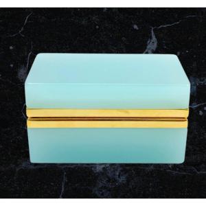 Antique Rectangular Casket Box In Pale Blue Murano Opaline Glass With Gilding