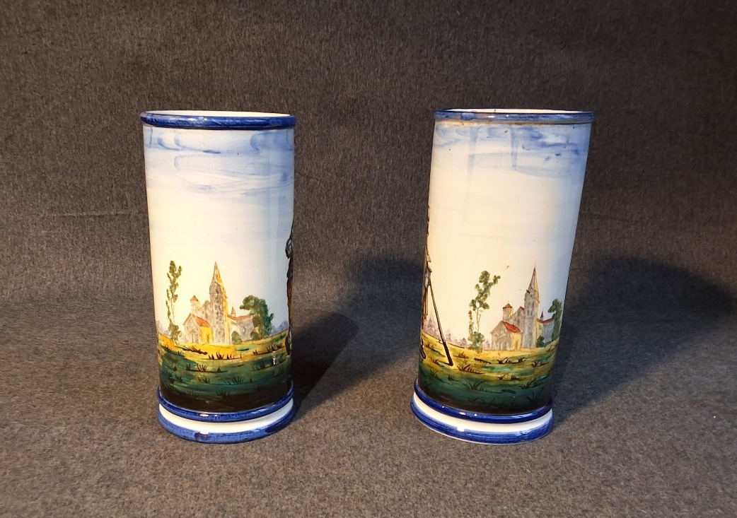 Pair Of Cylindrical Vases Made Of Gien Earthenware-photo-2