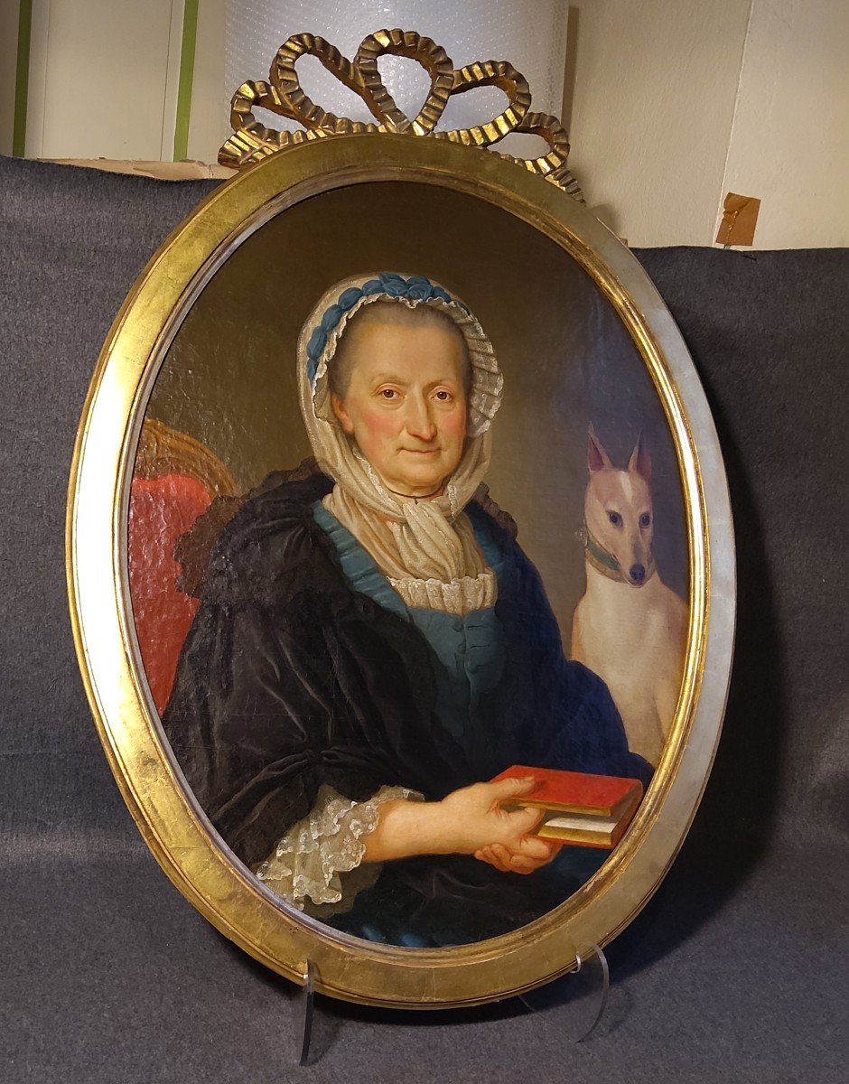 Portrait De Dame Avec Son Chien XVIII e