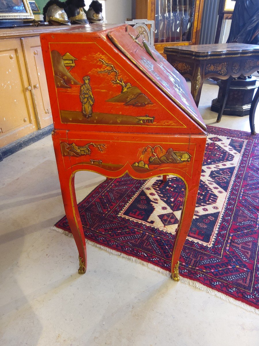 Bureau De Pente En Laque Rouge Décor Aux Chinois XVIII E-photo-4