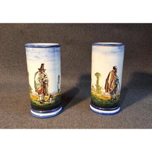Pair Of Cylindrical Vases Made Of Gien Earthenware