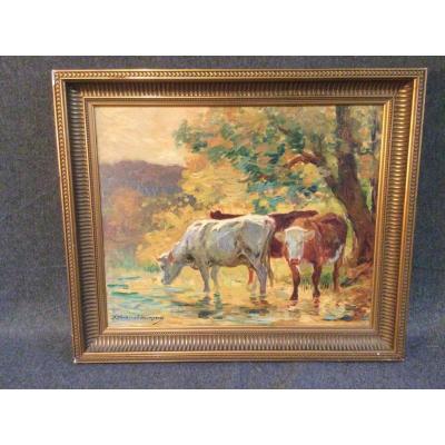 Huile Sur Toile « vaches Au Bord D’eau «  Sbg Voizard Margeride 