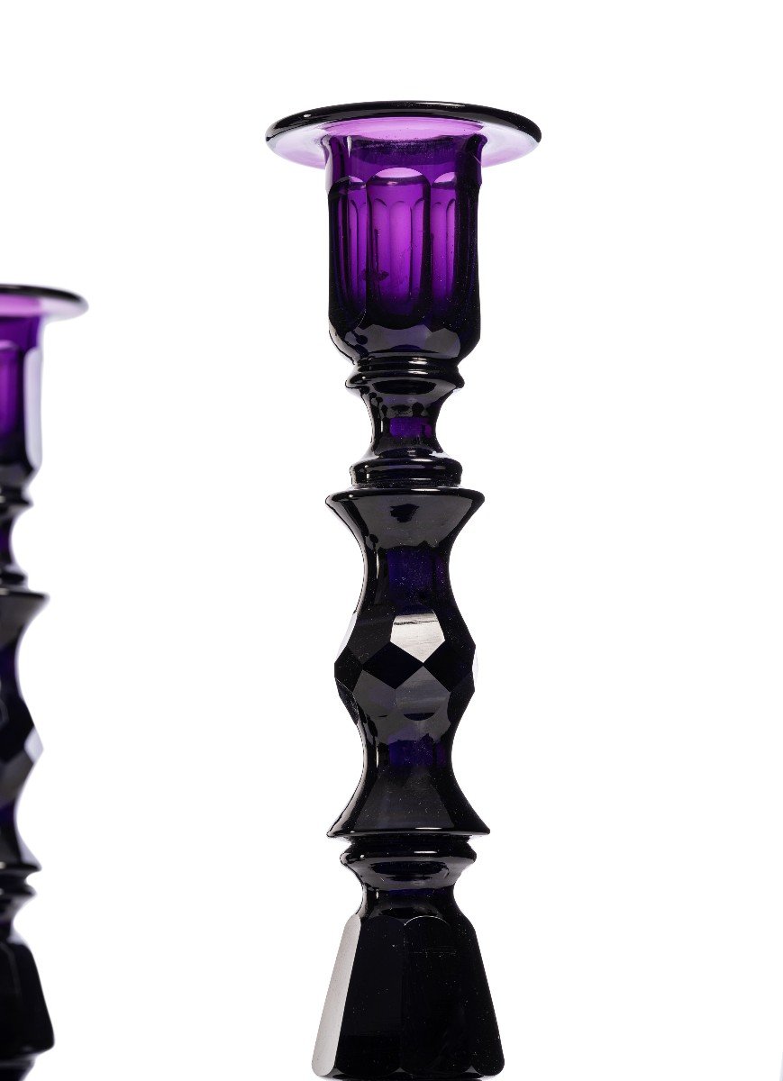 Rare Set Of Four Purple Crystal Candlesticks, Russia Or Northern Europe, 19th Century-photo-2