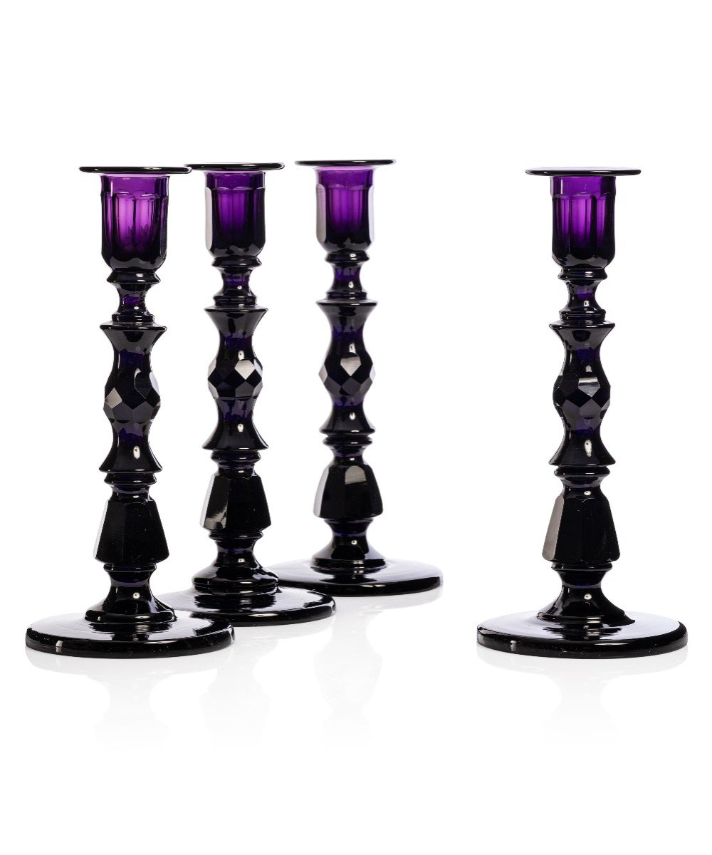 Rare Set Of Four Purple Crystal Candlesticks, Russia Or Northern Europe, 19th Century