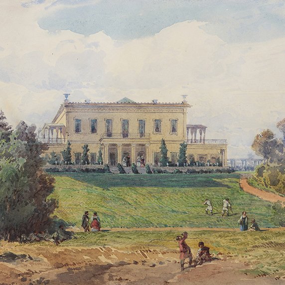 Aquarelle par Eugène Huot, Vue du Palais de Leuchtenberg à Péterhof (Russie)-photo-2