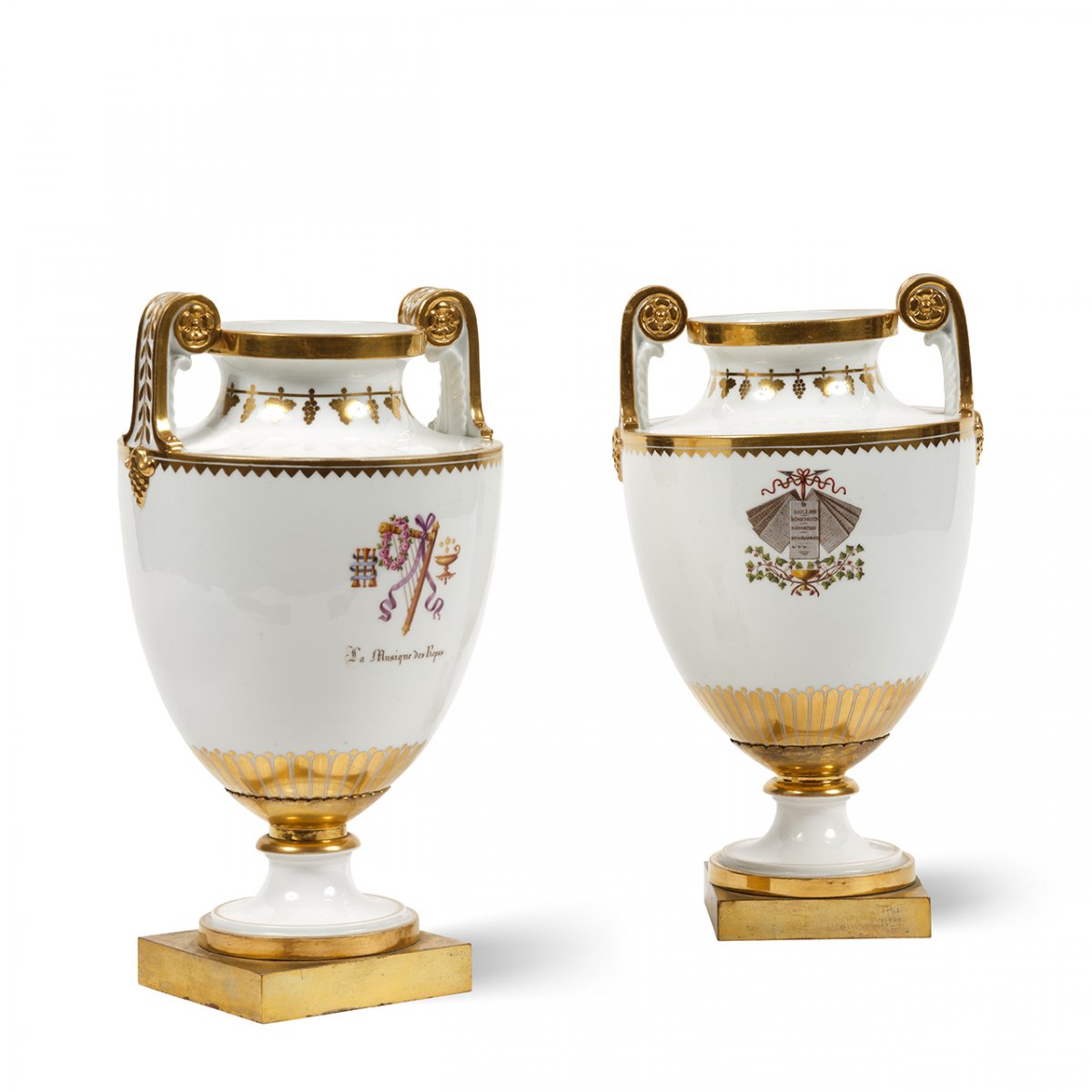 Pair Of  19th Century  Sevres Porcelain Vases Ormolu Mounted With Polychrome Attributes-photo-2