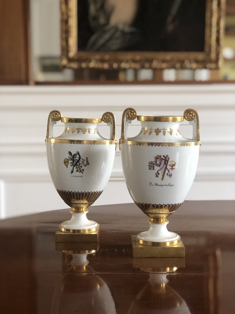 Pair Of  19th Century  Sevres Porcelain Vases Ormolu Mounted With Polychrome Attributes-photo-3