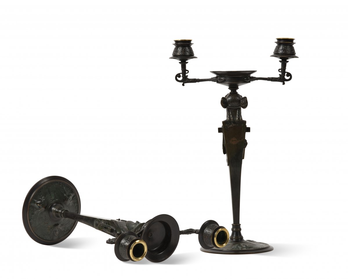 Pair Of Patinated Bronze Candelabra Of Neo-greek Style From Napoleon III Period-photo-2
