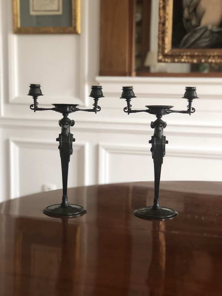 Pair Of Patinated Bronze Candelabra Of Neo-greek Style From Napoleon III Period-photo-4