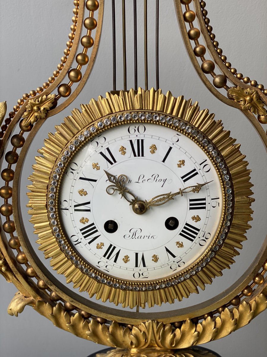 Ormolu Lyre Clock With Blue Porcelain, Enamel And Rhinestones From The 19th Century-photo-2