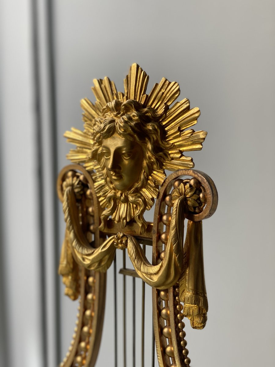 Ormolu Lyre Clock With Blue Porcelain, Enamel And Rhinestones From The 19th Century-photo-4