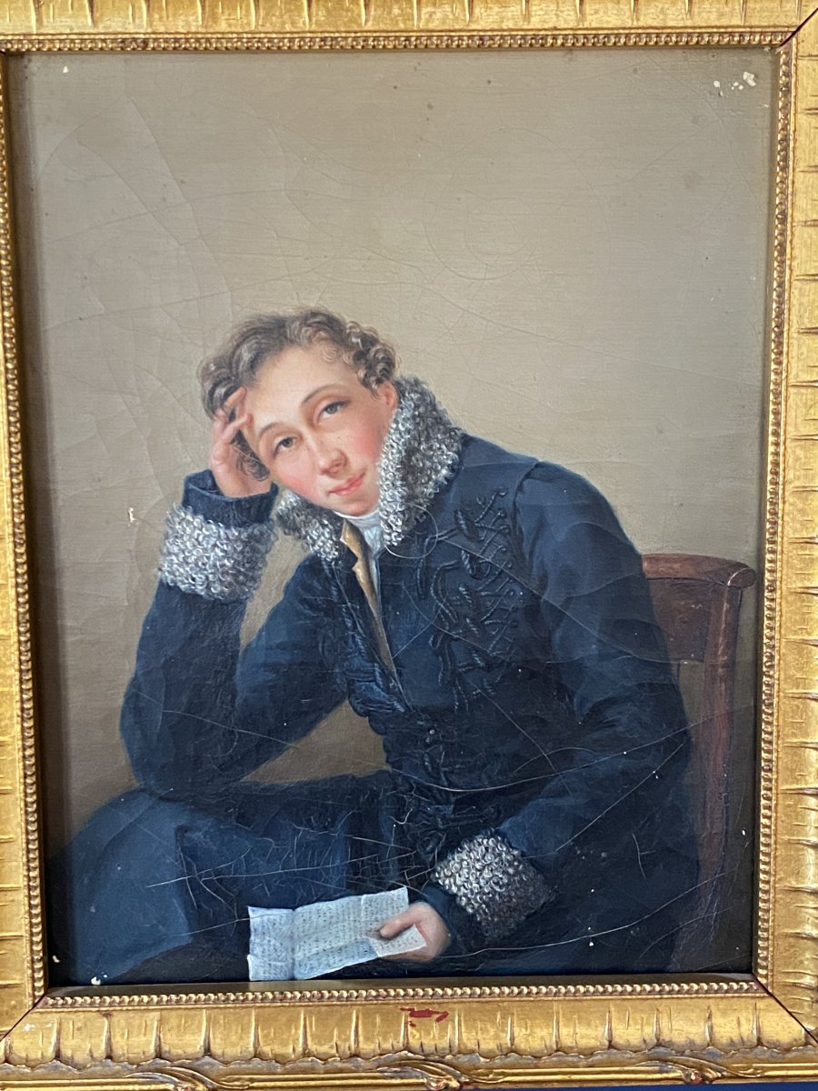 A 19th Century Russian School, Portrait Of Young Man Sitting Holding A Letter, Oil On Canvas-photo-2