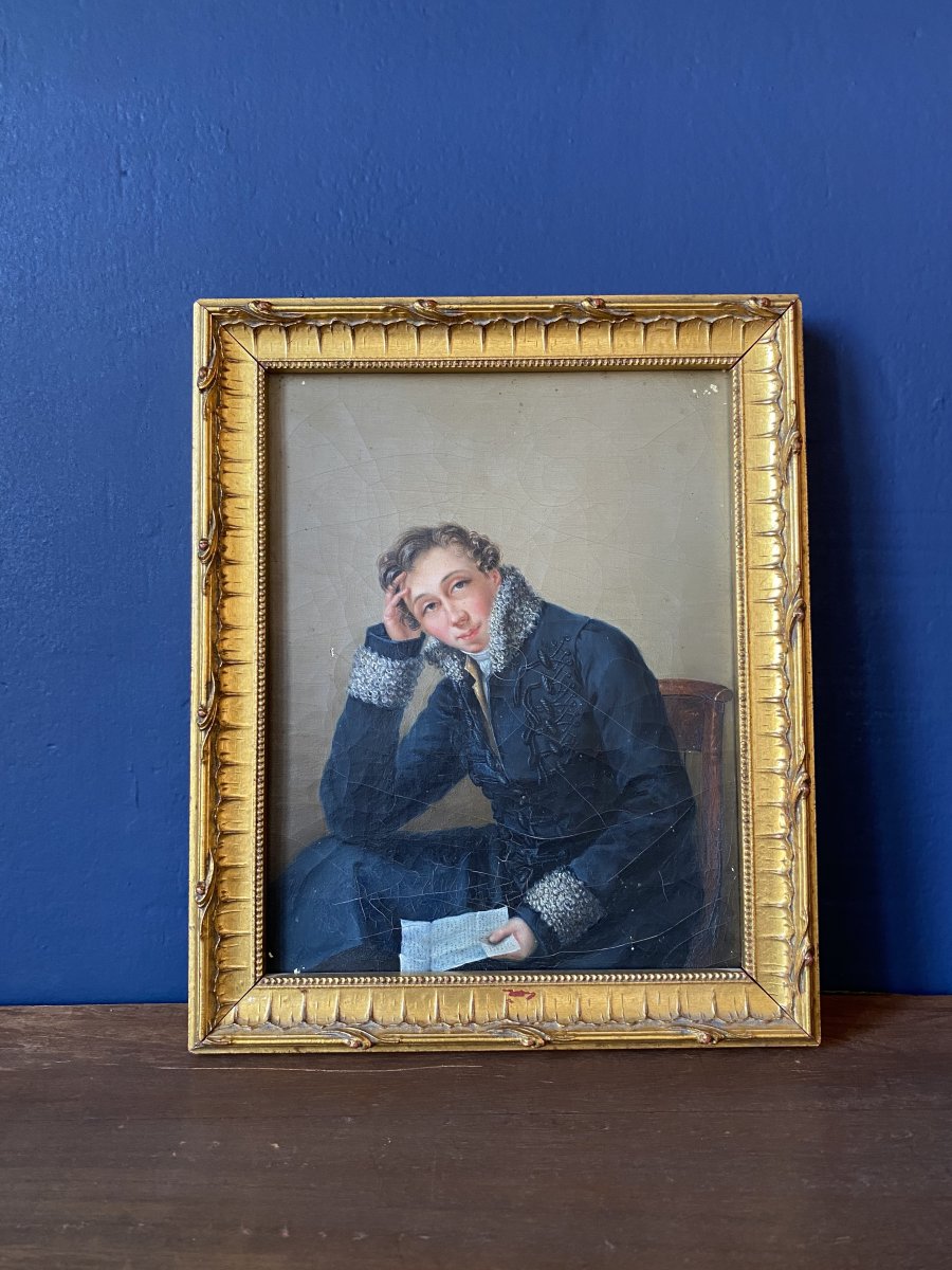 A 19th Century Russian School, Portrait Of Young Man Sitting Holding A Letter, Oil On Canvas