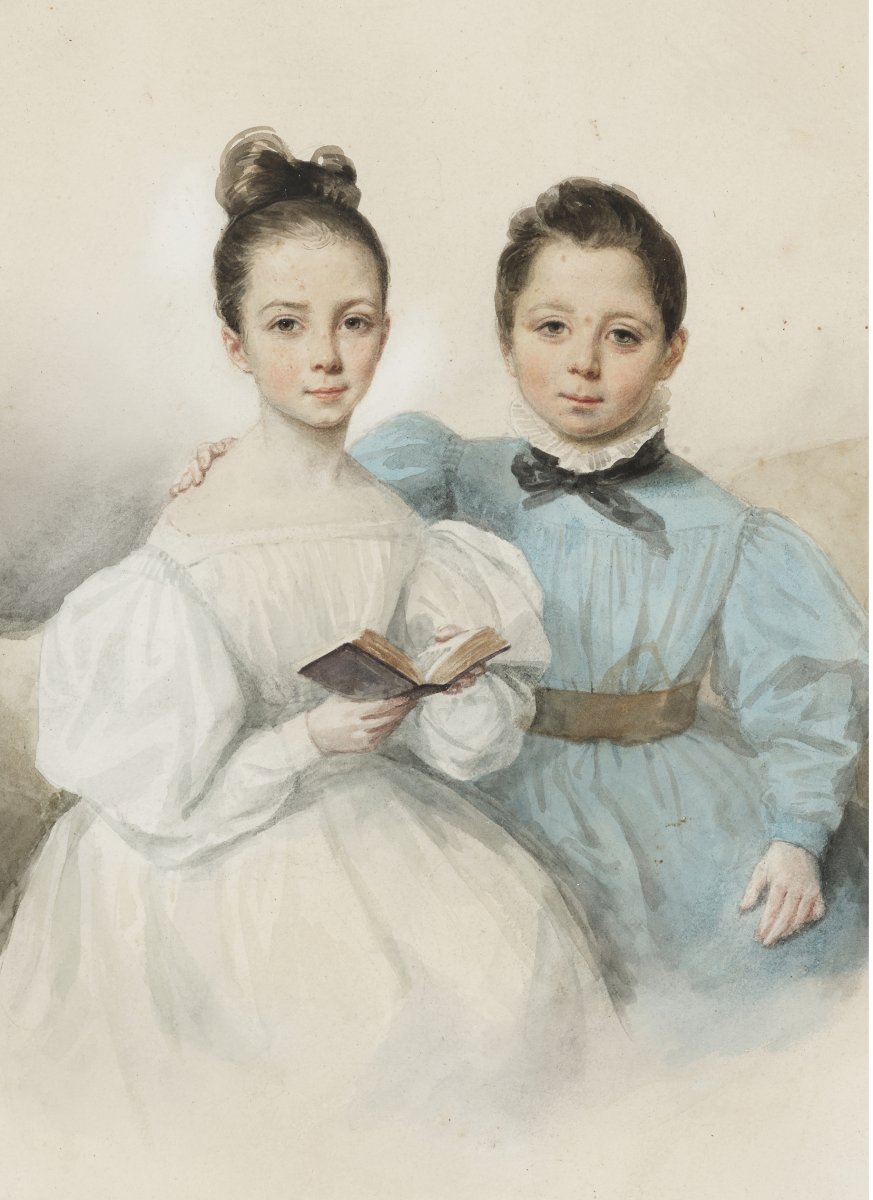 Oil On Paper Portrait Of Children Signed Finck, French School Of The 19th Century, Dated 1834-photo-3