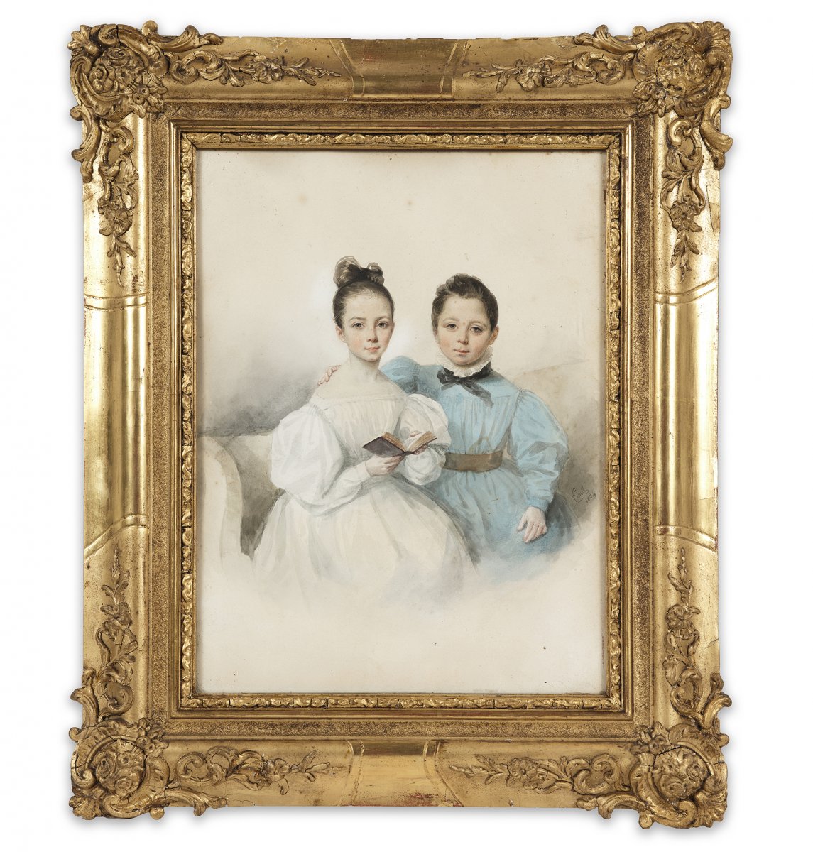 Oil On Paper Portrait Of Children Signed Finck, French School Of The 19th Century, Dated 1834