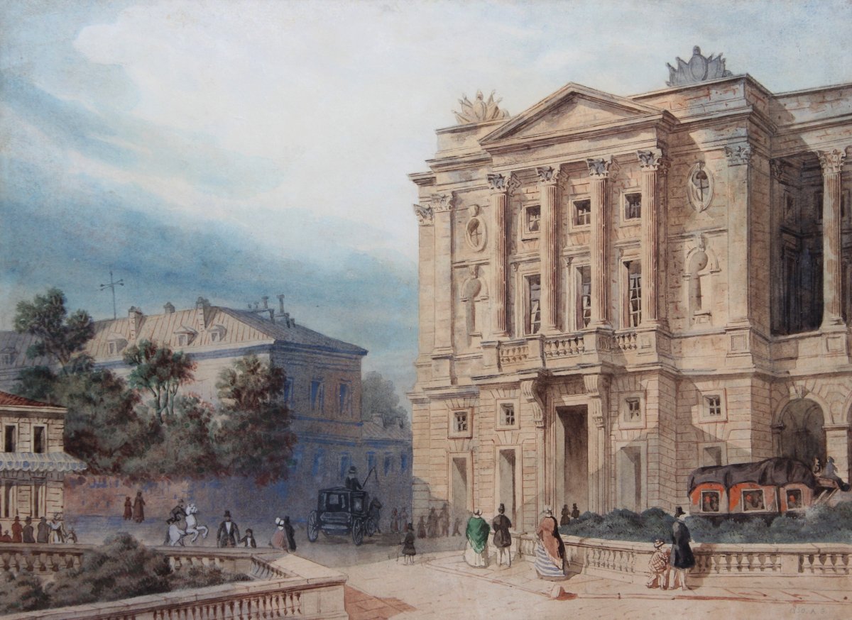 Rare vue de l'hôtel de  Crillon à Paris en 1850, aquarelle monogrammée et datée