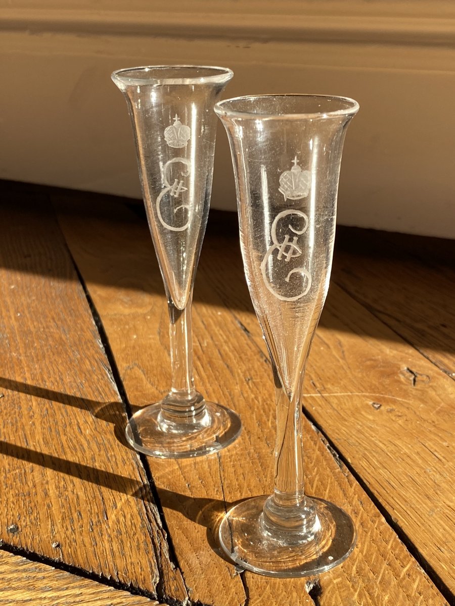 Pair Of Glass Champagne Flutes Engraved With The Cipher Of Empress Catherine II Of Russia