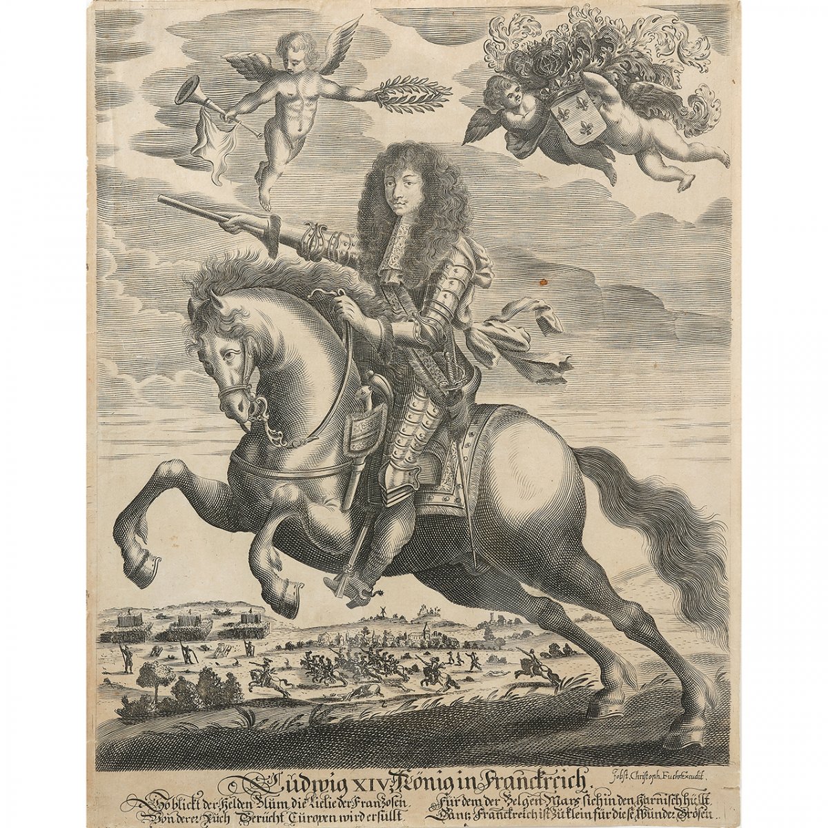 Equestrian Portrait Of Louis XIV During The Siege Of Namur, Engraving After Pierre Mignard