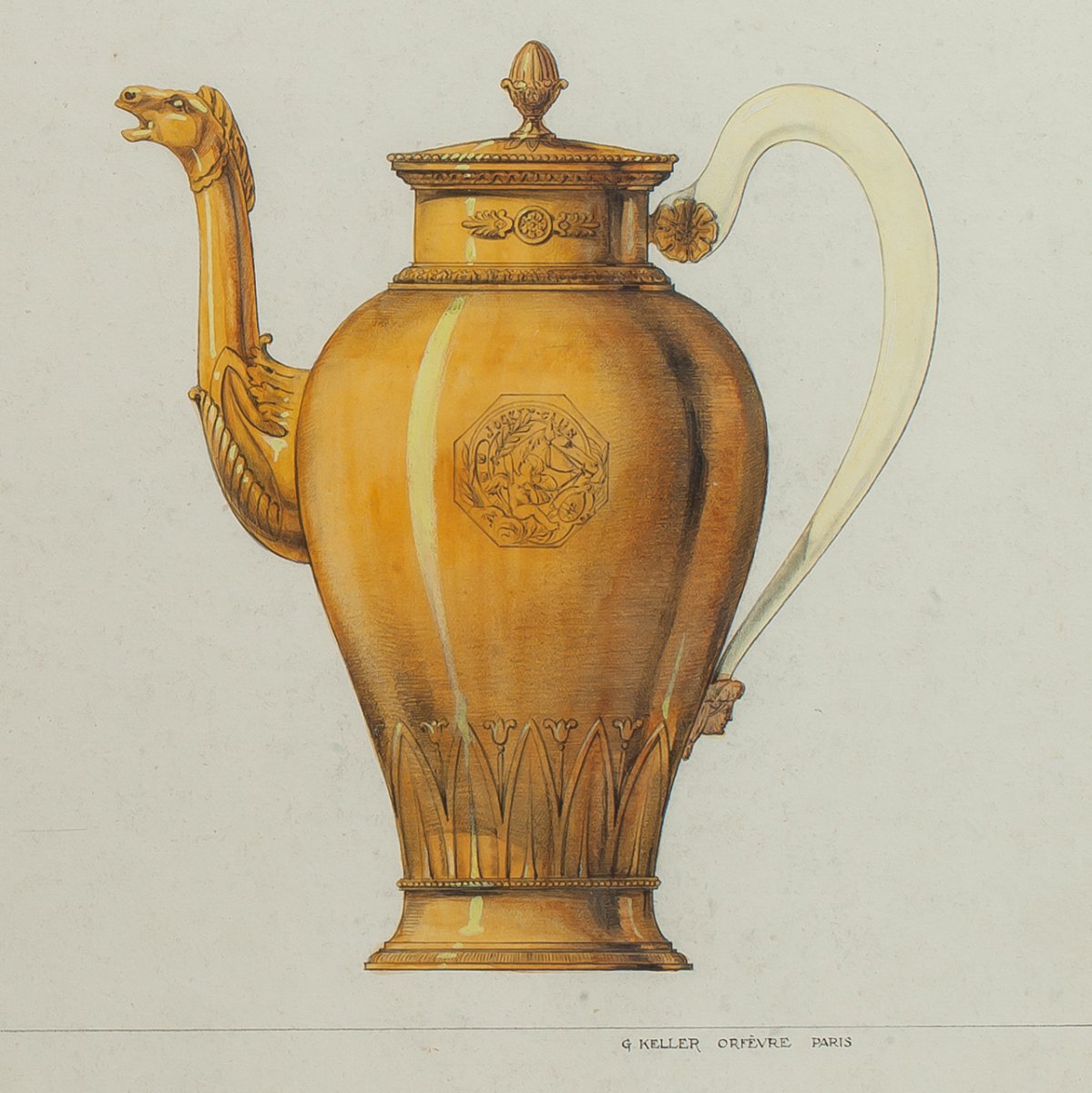 Gustave Keller (1879-1955), Drawing, Project For An Empire-style Silver-gilt Teapot-photo-2