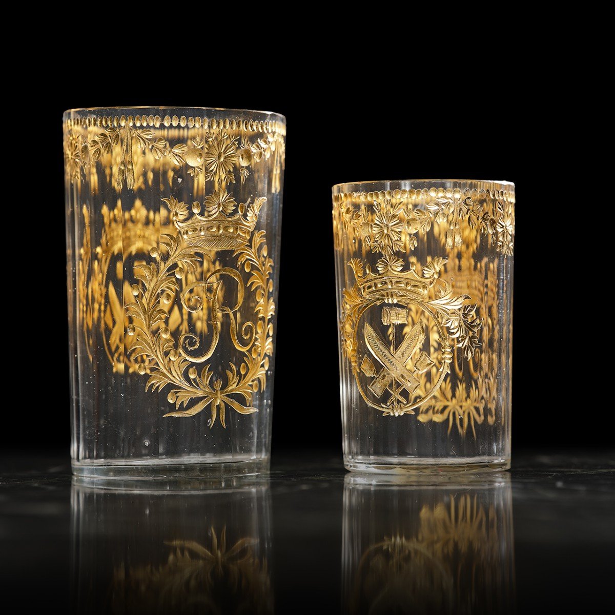 Pair Of Engraved & Gilded Glass Emblazoned Beakers, Germany, 19th Century