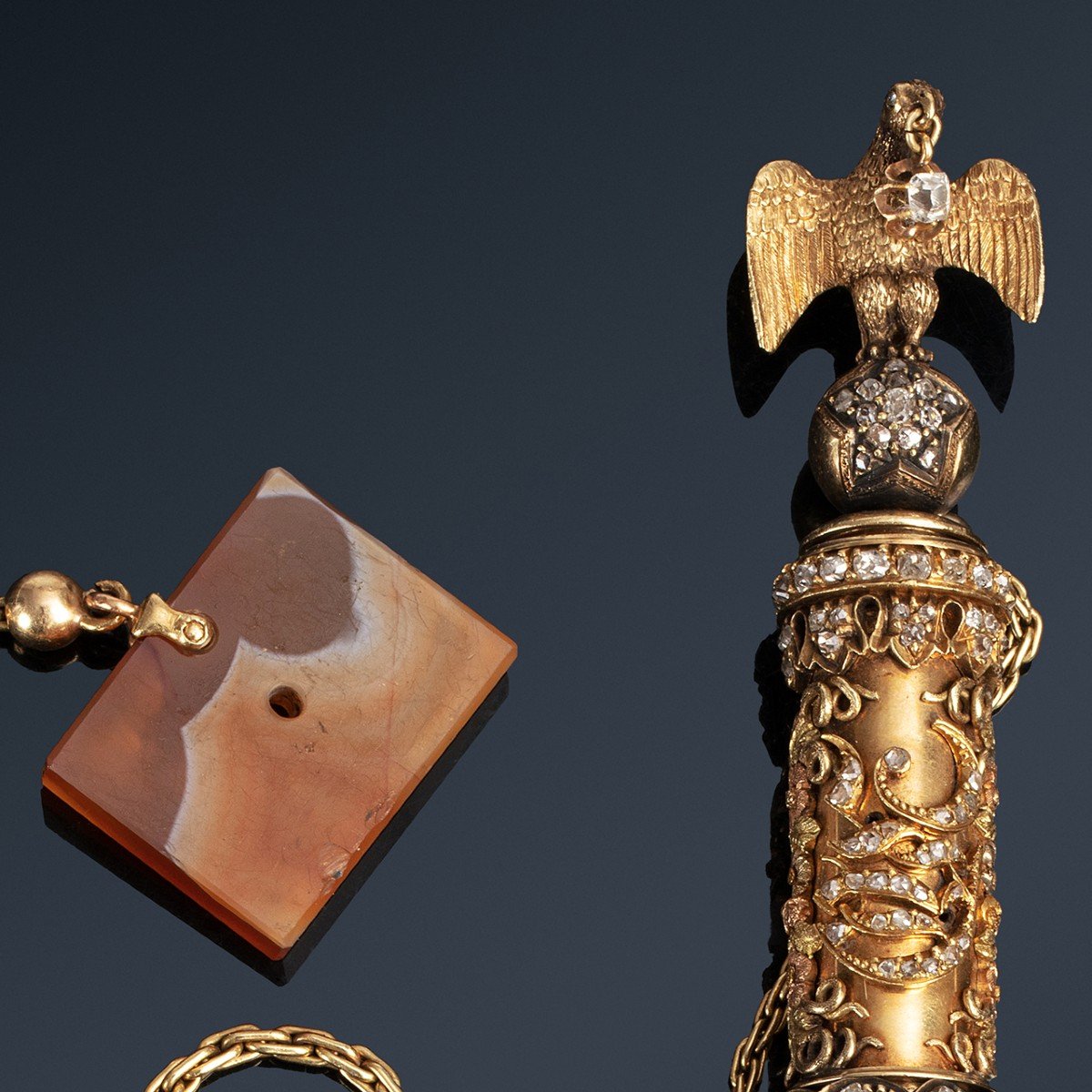 Précieux Briquet à Amadou En Or, Agate Et Diamants Du XIXe Siècle-photo-4