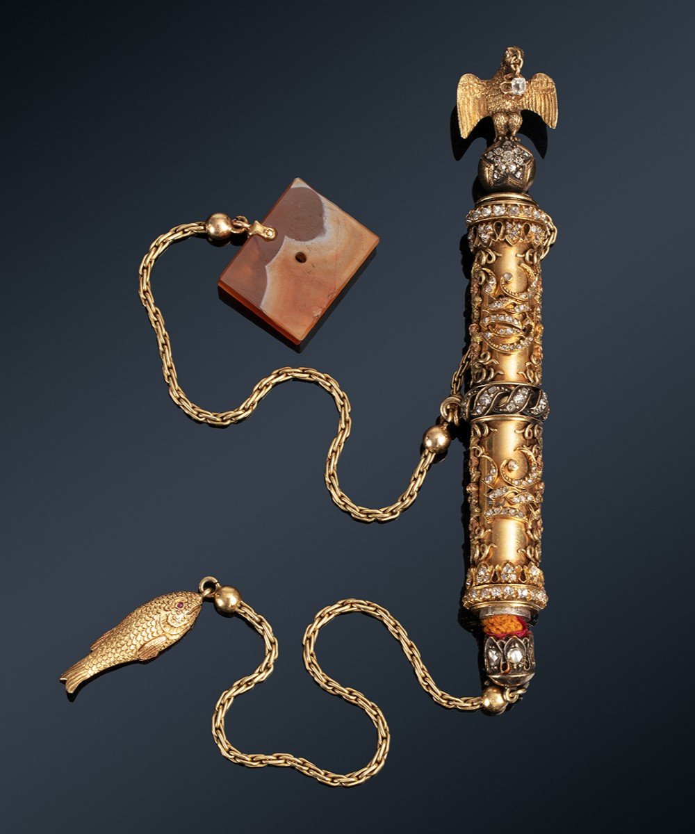 Précieux Briquet à Amadou En Or, Agate Et Diamants Du XIXe Siècle