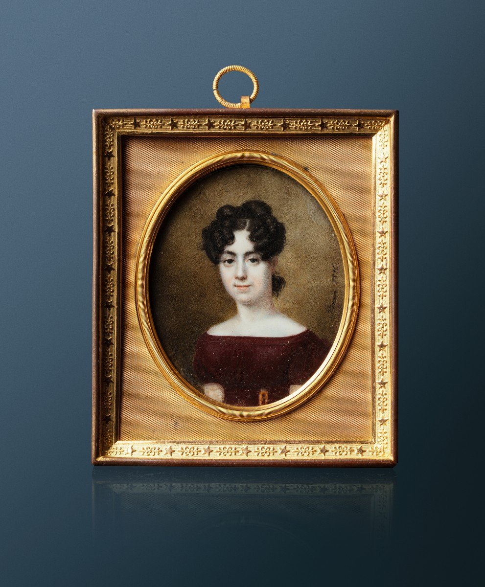 Miniature Sur Ivoire Peinte à La Main Pierre Brun (1764-1856), Portrait d'Une Jeune Femme, Miniature Peinte