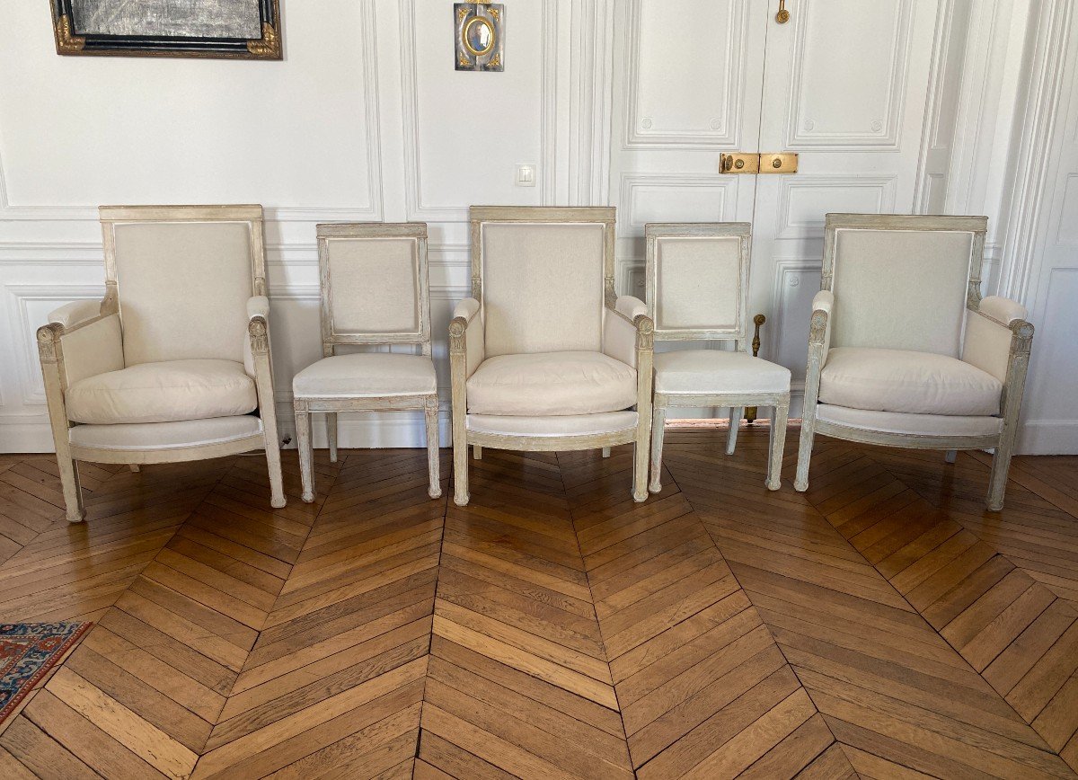 Rare Royal & Imperial Set Of 3 Bergeres And 2 Chairs Of Empire Period From The Chateau De Fontainebleau