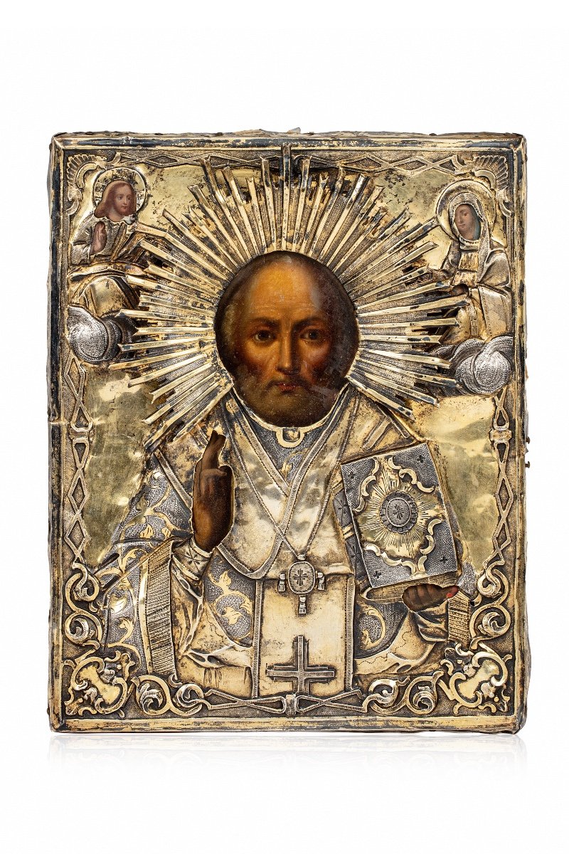 Icon of Saint Nicholas in metal riza oklad Nicholas the Wonderworker 11x8.85 inch 28x22.5 cm Russian Orthodox handpainted icon 