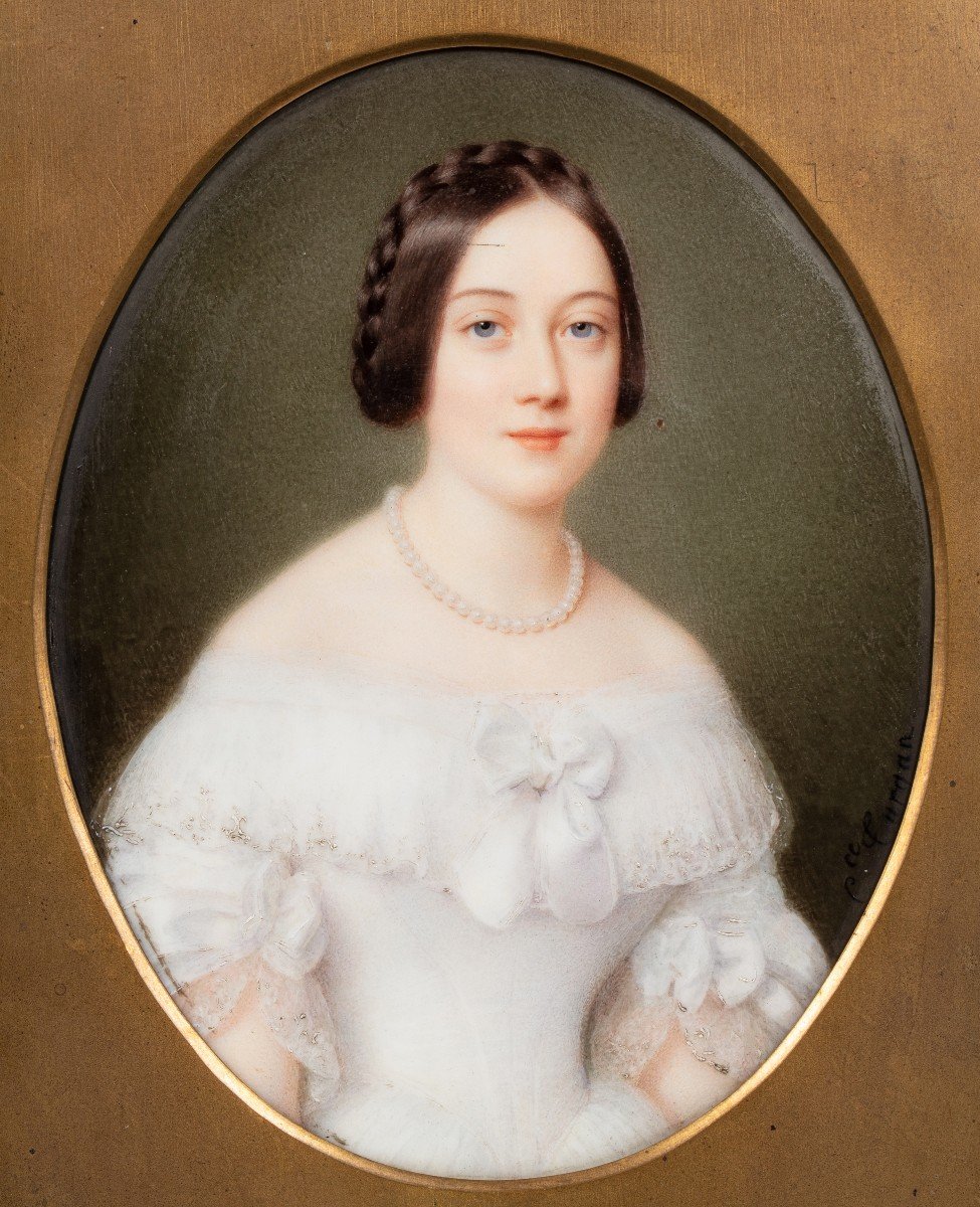 Clémence Turgan, Portrait De Femme, Peinture Sur Plaque De Porcelaine-photo-2