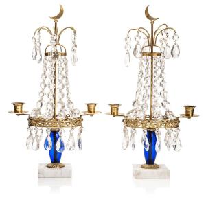 Pair Of Candelabra With Two Lights In Glass And Gilt Brass Mount, Sweden 19th Century