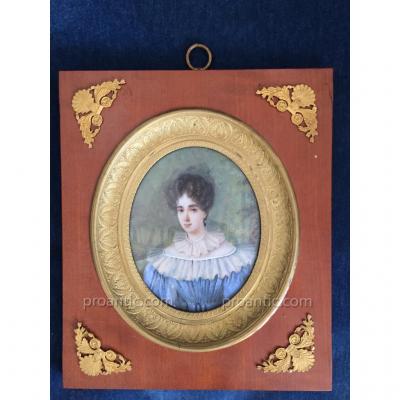 Miniature Portrait Representing A Woman, Painted On Ivory, Marked By Aimée Thibault.