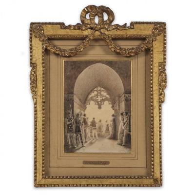 Auguste Garneray, Dessin troubadour, scène de mariage royal, Lavis d'Encre Brune 