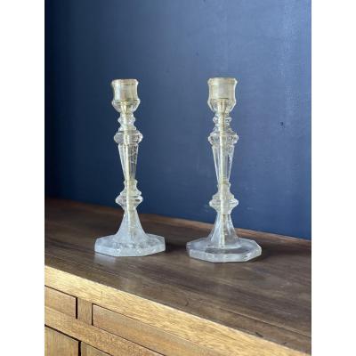 Paire De Bougeoirs Flambeaux En Cristal De Roche Style Louis XIV