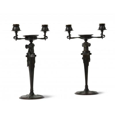 Pair Of Patinated Bronze Candelabra Of Neo-greek Style From Napoleon III Period