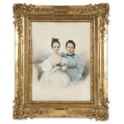 Oil On Paper Portrait Of Children Signed Finck, French School Of The 19th Century, Dated 1834