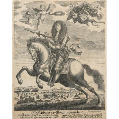 Equestrian Portrait Of Louis XIV During The Siege Of Namur, Engraving After Pierre Mignard