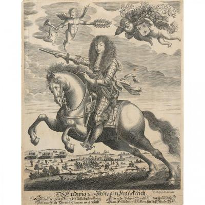 Gravure Portrait équestre De Louis XIV Devant Le Siège De Namur d'Après Mignard