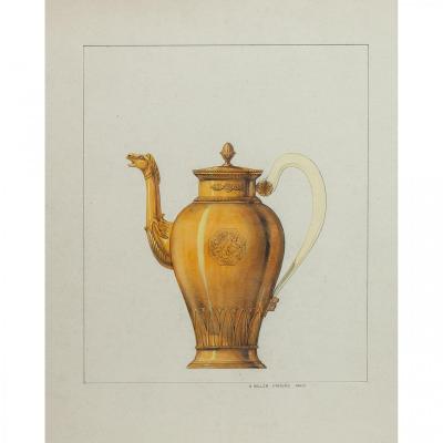 Gustave Keller (1879-1955), Drawing, Project For An Empire-style Silver-gilt Teapot