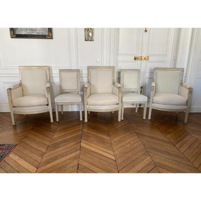 Rare Royal & Imperial Set Of 3 Bergeres And 2 Chairs Of Empire Period From The Chateau De Fontainebleau