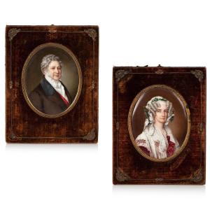 Portraits du Roi Louis-Philippe & de Marie-Amélie par Sophie Liénard, peinture sur porcelaine