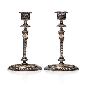 Silvered Bronze Candlesticks Inlaid With Ivory By The Widow Ferdinand Duvinage, 1877-1882 