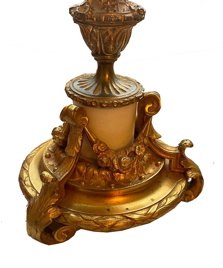 Bougeoirs Empire  France Vers 1830.  Bronze Doré Au Feu Et Marbre.-photo-2