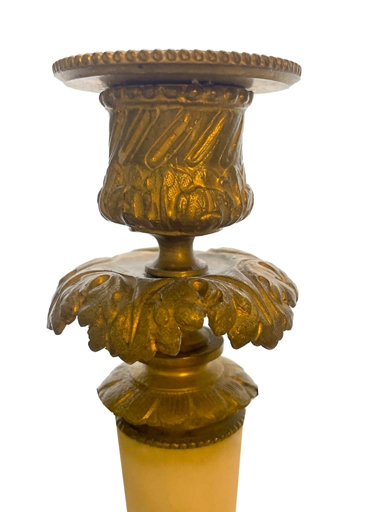 Bougeoirs Empire  France Vers 1830.  Bronze Doré Au Feu Et Marbre.-photo-3