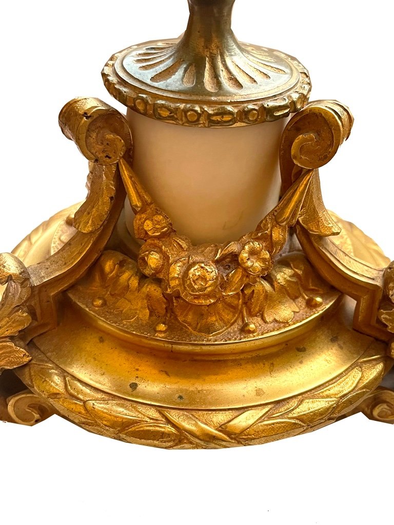 Bougeoirs Empire  France Vers 1830.  Bronze Doré Au Feu Et Marbre.-photo-4