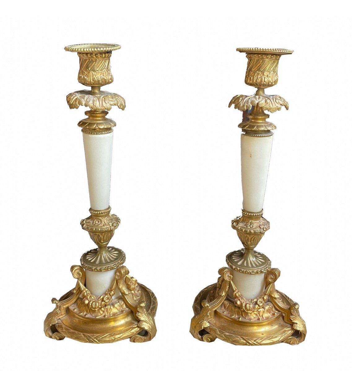 Empire France Candlesticks Circa 1830. Fire-gilt Bronze And Marble.-photo-1