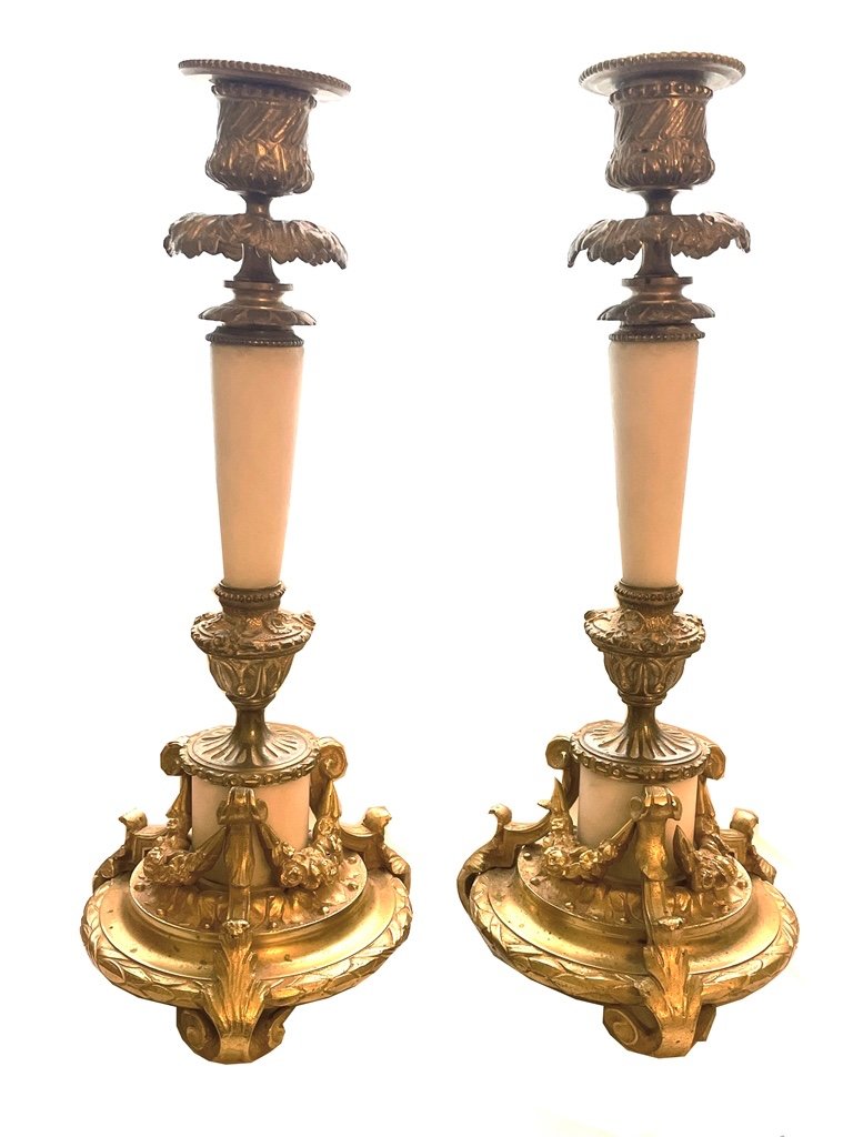 Empire France Candlesticks Circa 1830. Fire-gilt Bronze And Marble.-photo-2