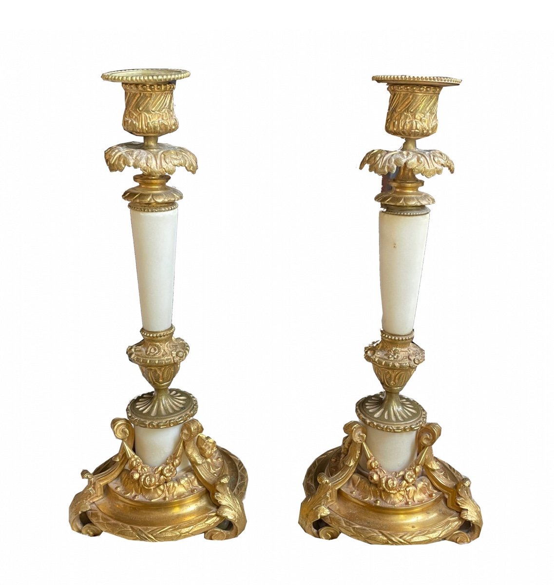 Bougeoirs Empire  France Vers 1830.  Bronze Doré Au Feu Et Marbre.