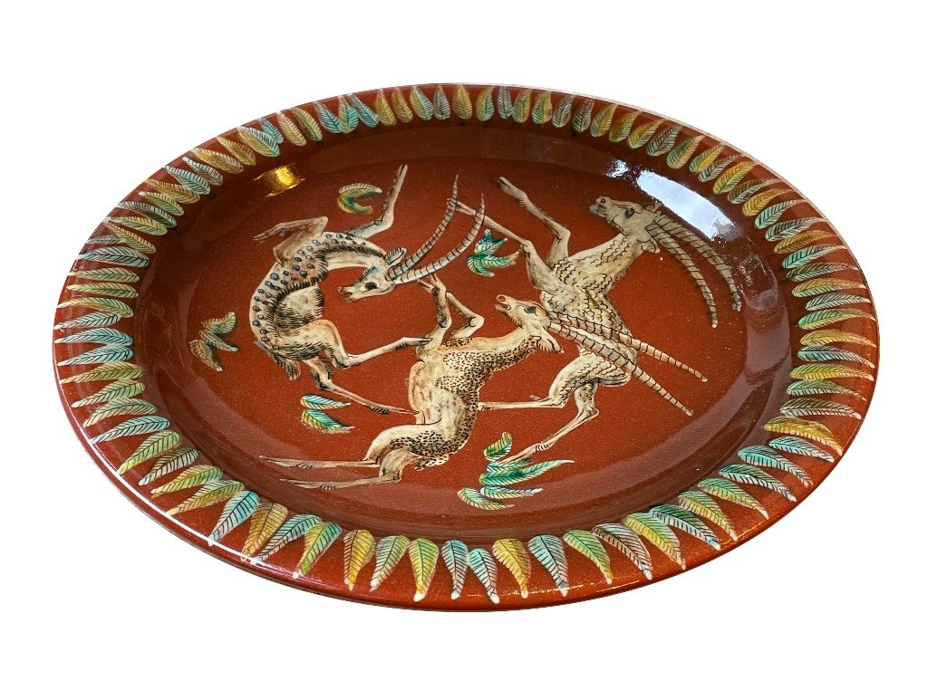 Antelope Plate In Majolica With Ibex Design By Gustav Heinkel, Circa 1940.-photo-4