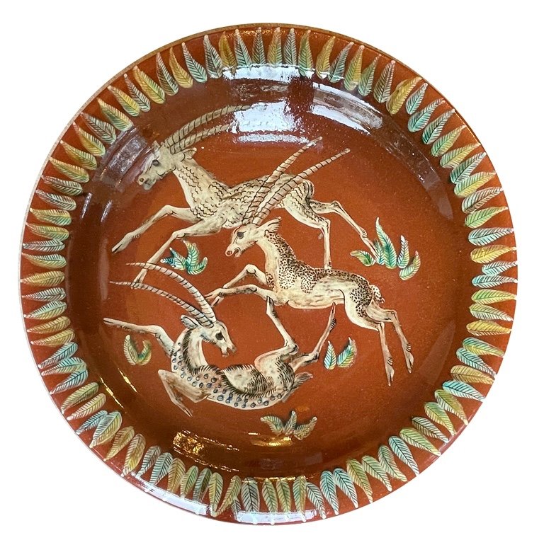 Antelope Plate In Majolica With Ibex Design By Gustav Heinkel, Circa 1940.